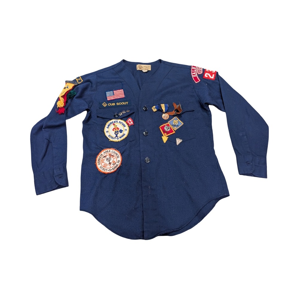 Vintage Boy Scouts of America Cub Scout Uniform‎ Shirt Navy Blue Patches 1970s
